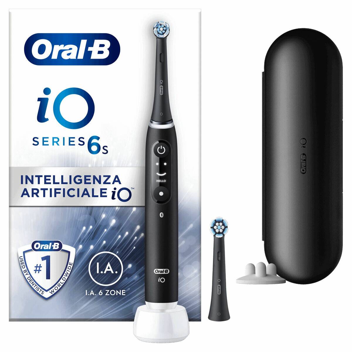 Schwarze Oral-B iO Series 6s elektrische Zahnbürste mit zusätzlichem Bürstenkopf und elegantem Transportetui, ausgestattet mit künstlicher Intelligenz für eine verbesserte Reinigung.