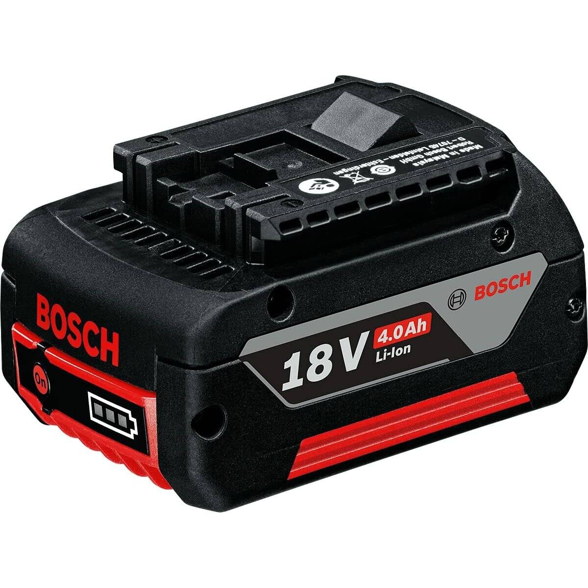 Bosch 18V 4.0Ah Li-Ion Akku-Pack, schwarz mit roten Akzenten, ausgestattet mit Leistungsindikatoren an der Seite.