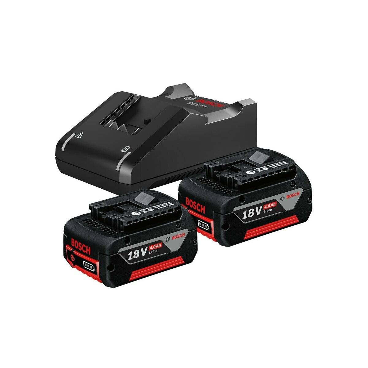 Bosch Batterieladegerät-Set mit zwei 18V-Akkus für Elektrowerkzeuge, das das Ladegerät und die Batterien nebeneinander auf weißem Hintergrund zeigt.
