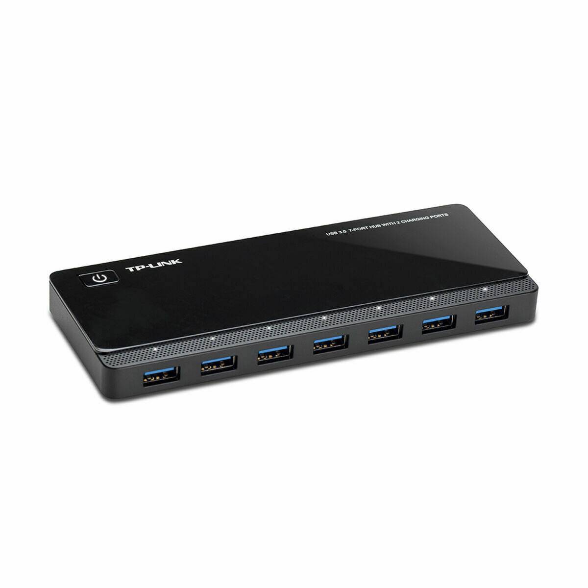 TP-Link USB 3.0 7-Port-Hub mit Ladeanschlüssen in elegantem Schwarzdesign, mit sieben blauen USB-Anschlüssen und einer Einschalttaste.