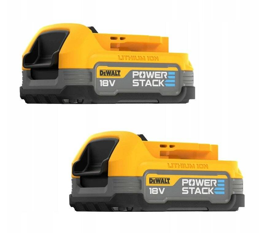 Zwei DeWalt Powerstack 18V Lithium-Ionen-Akkupacks, einer auf dem anderen gestapelt, mit einem schwarz-gelben Design.