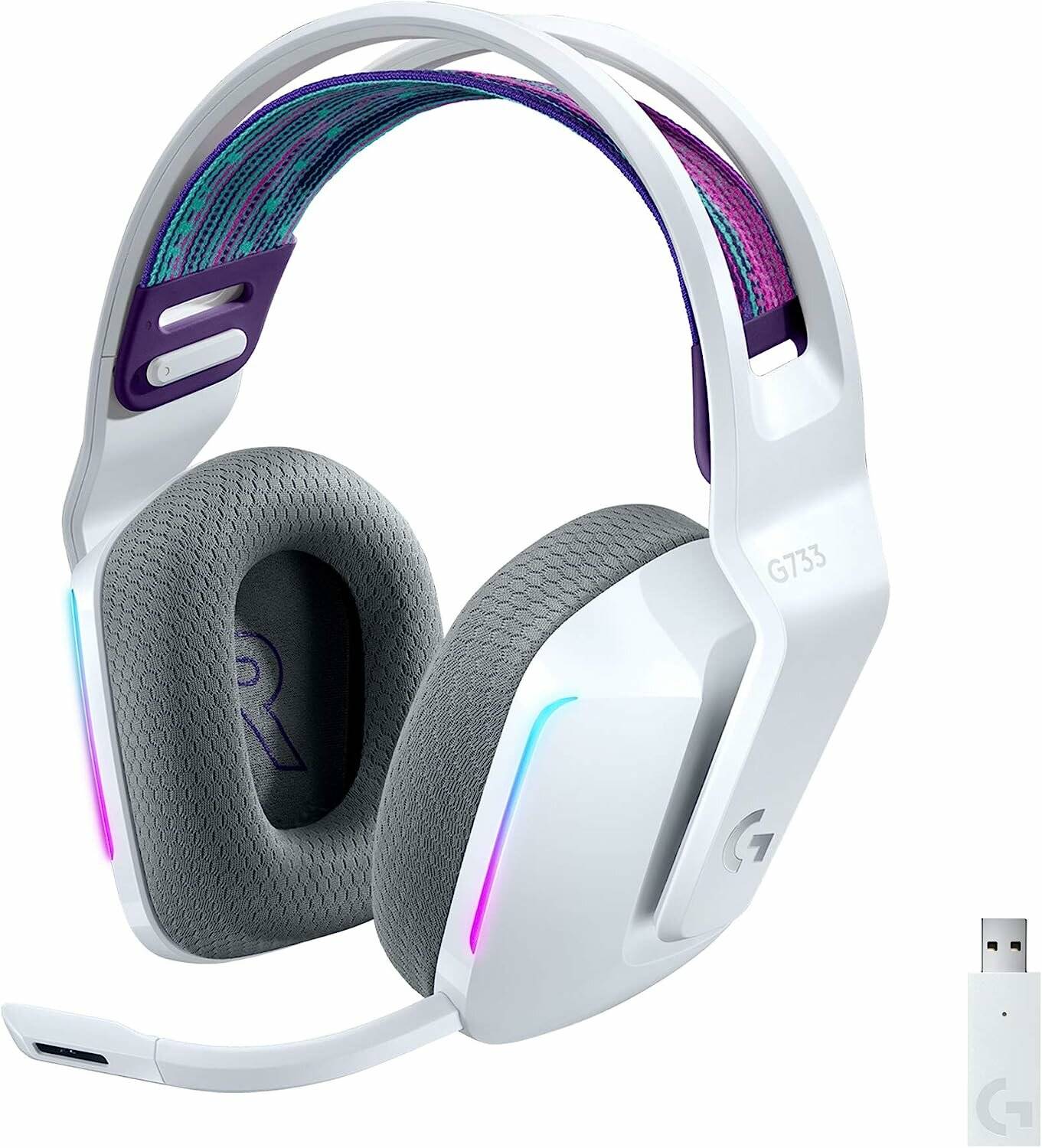Ein weißes Gaming-Headset mit RGB-Beleuchtung auf den Ohrmuscheln und einem gepolsterten Kopfbügel. Inklusive eines USB-Empfängers für drahtlose Konnektivität.
