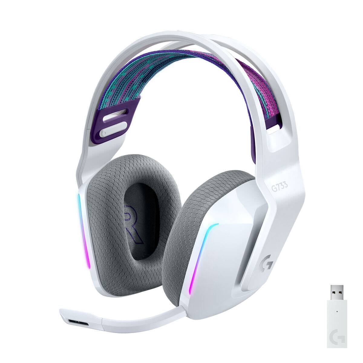 Weißes Over-Ear-Gaming-Headset mit grauen Ohrpolstern, ausgestattet mit RGB-Beleuchtung und einem einziehbaren Mikrofon. Inklusive USB-Dongle.