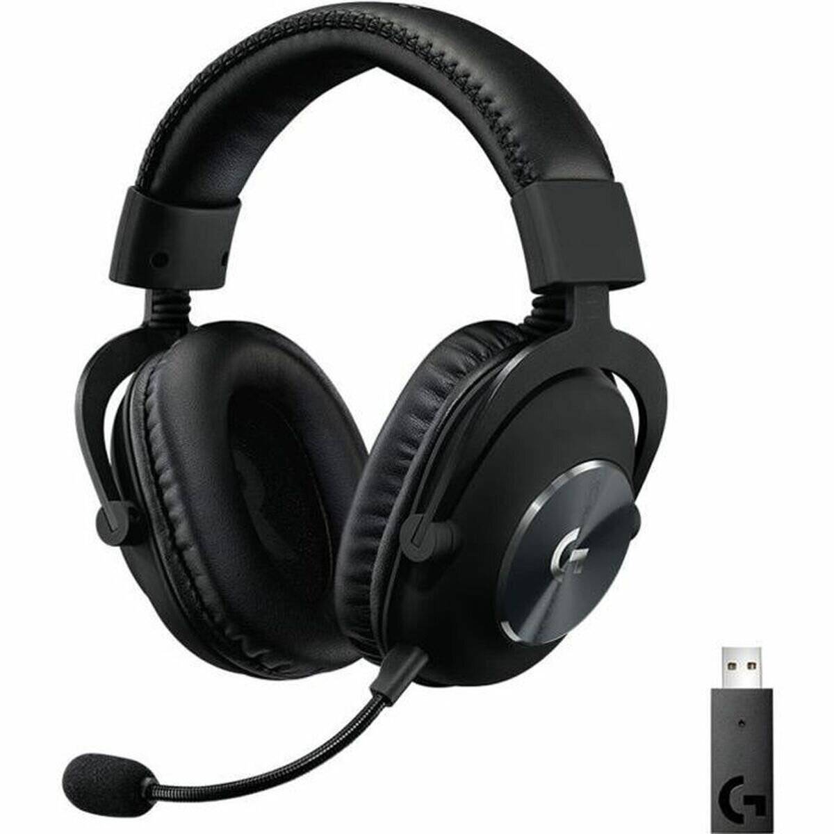 Schwarzer Over-Ear-Gaming-Headset mit angebrachtem Mikrofon und USB-Dongle, entwickelt für immersive Audioerlebnisse.