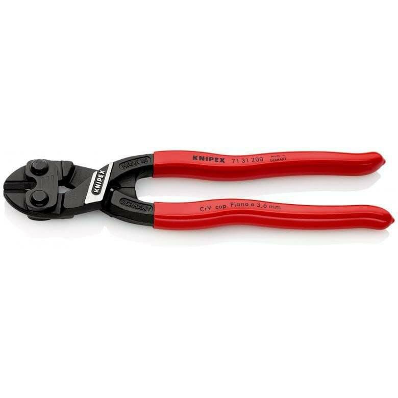 Roter Griff-Bolzenschneider mit scharfen schwarzen Schneiden, beschriftet mit 'Knipex'. Verwendet zum Schneiden harter Materialien wie Draht oder Kette.
