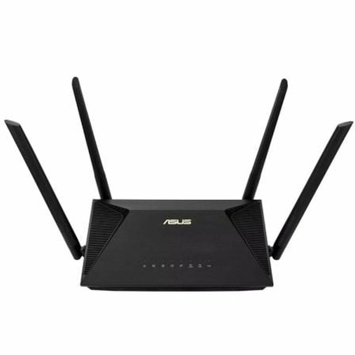 Ein schwarzer ASUS-WLAN-Router mit vier nach oben gerichteten Antennen.