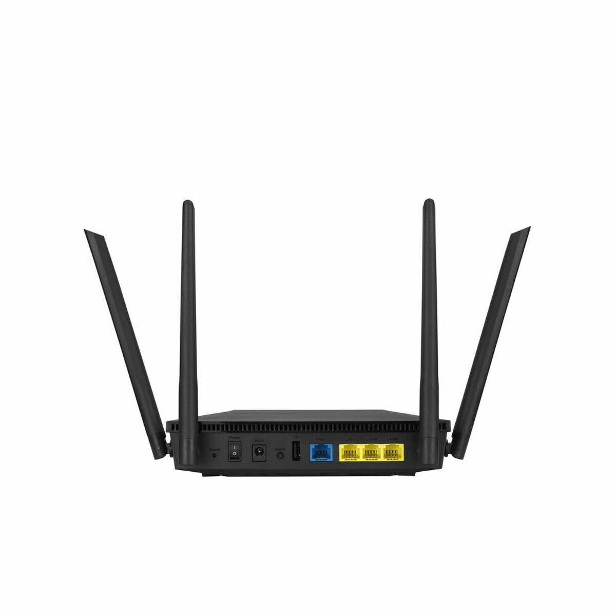 Ein schwarzer WLAN-Router mit vier Antennen und mehreren Ethernet-Anschlüssen, von hinten betrachtet.