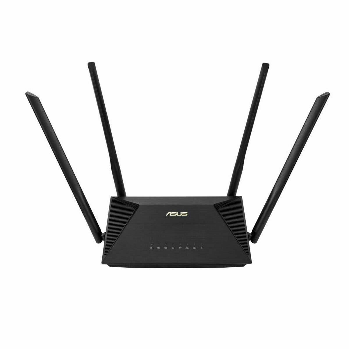 Ein schwarzer WLAN-Router mit vier Antennen und dem ASUS-Logo auf der Vorderseite, entwickelt für die Internetverbindung zu Hause.