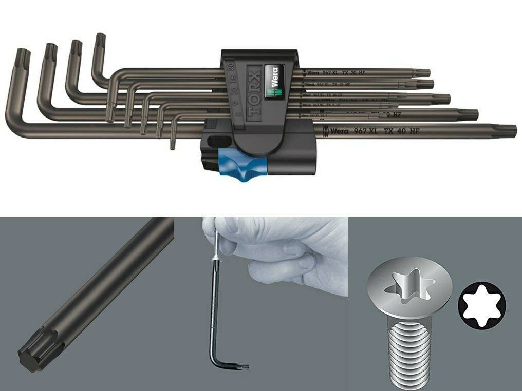 Ein Satz Torx-Winkelschlüssel in einem Halter, Nahaufnahme eines Schlüssels, der von einer Hand benutzt wird, um eine Torx-Schraube anzuziehen, Bild eines Torx-Schraubenkopfes.