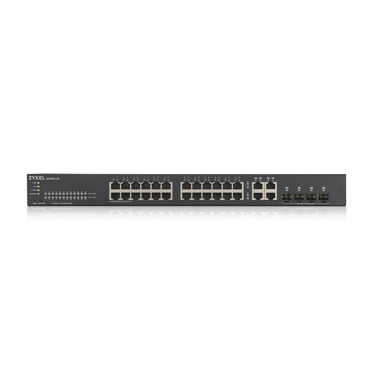 Ein Netzwerk-Switch mit mehreren Ethernet-Ports und LEDs, der zum Verbinden und Verwalten von Geräten in einem lokalen Netzwerk (LAN) verwendet wird.