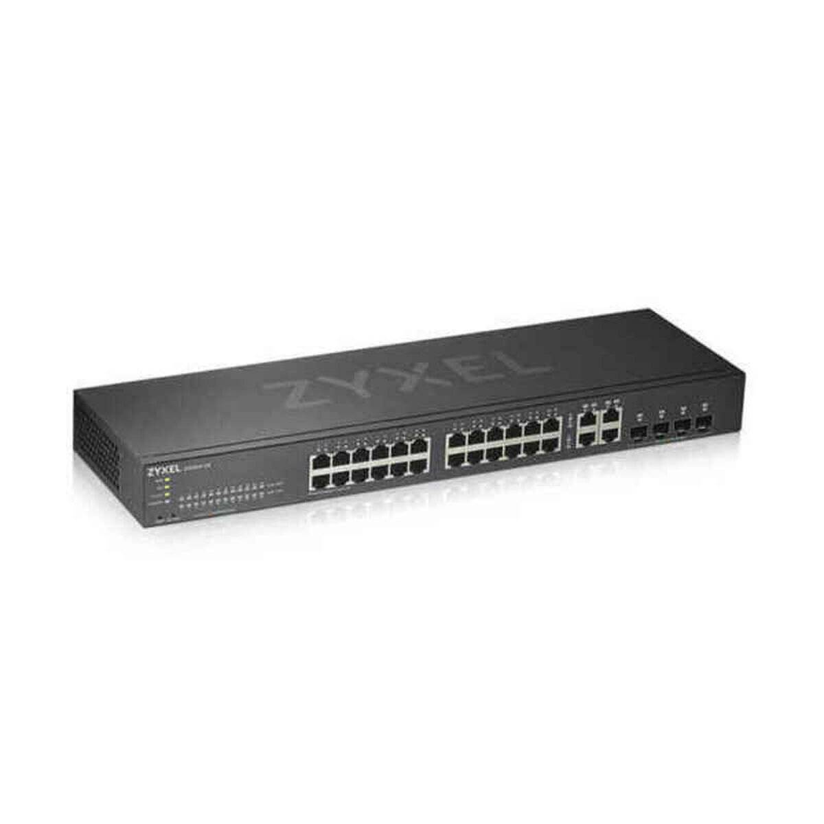 Ein 24-Port-Zyxel-Netzwerkswitch mit LED-Anzeigen und vier zusätzlichen SFP-Ports, der zum Verbinden und Verwalten mehrerer Geräte in einem Netzwerk verwendet wird.