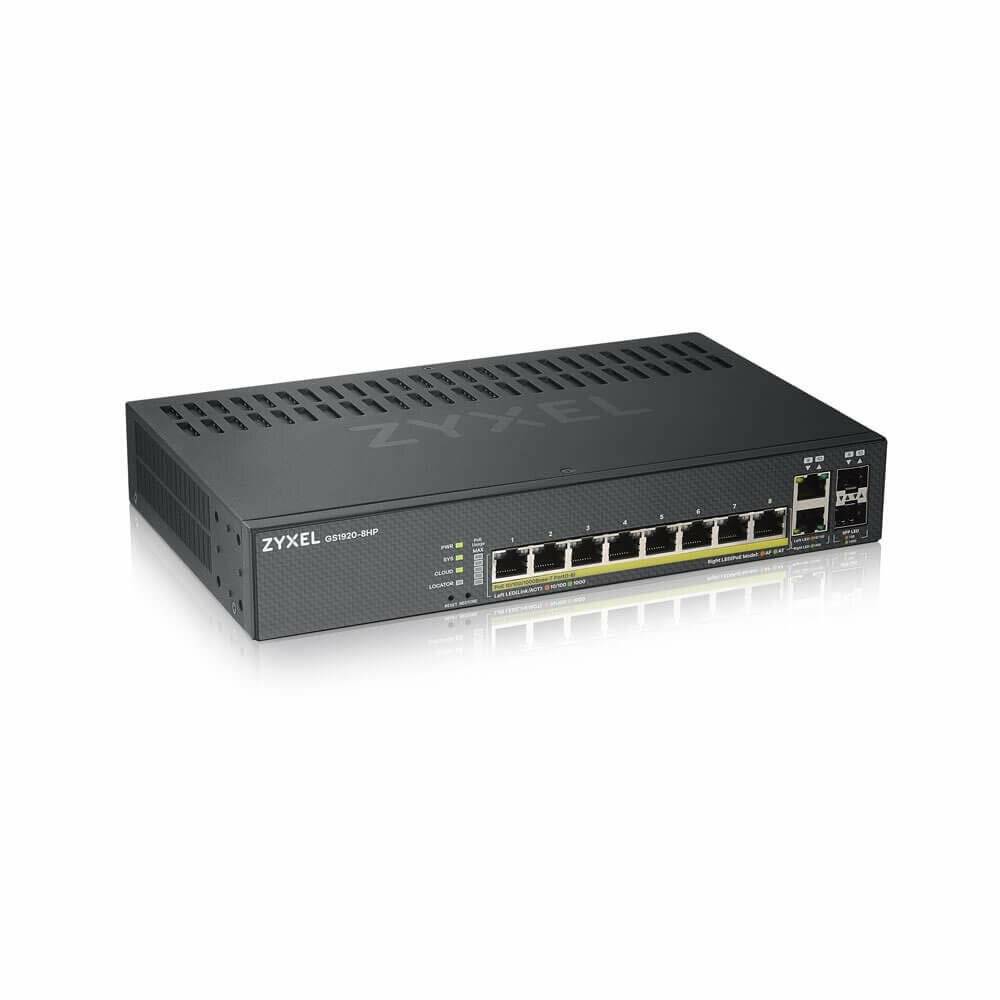 Ein schwarzer Netzwerk-Switch mit acht Ethernet-Ports, beschriftet mit 'Zyxel GS1900-8HP', entwickelt für Datenkonnektivität in Unternehmensumgebungen.