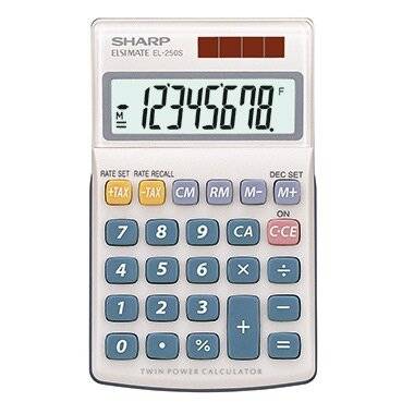 Ein kleiner, handlicher Taschenrechner mit einer Anzeige, auf der die Zahl '12345678' zu sehen ist, ausgestattet mit Tasten für Grundrechenarten, Speicherfunktionen und Steuerberechnungstasten.