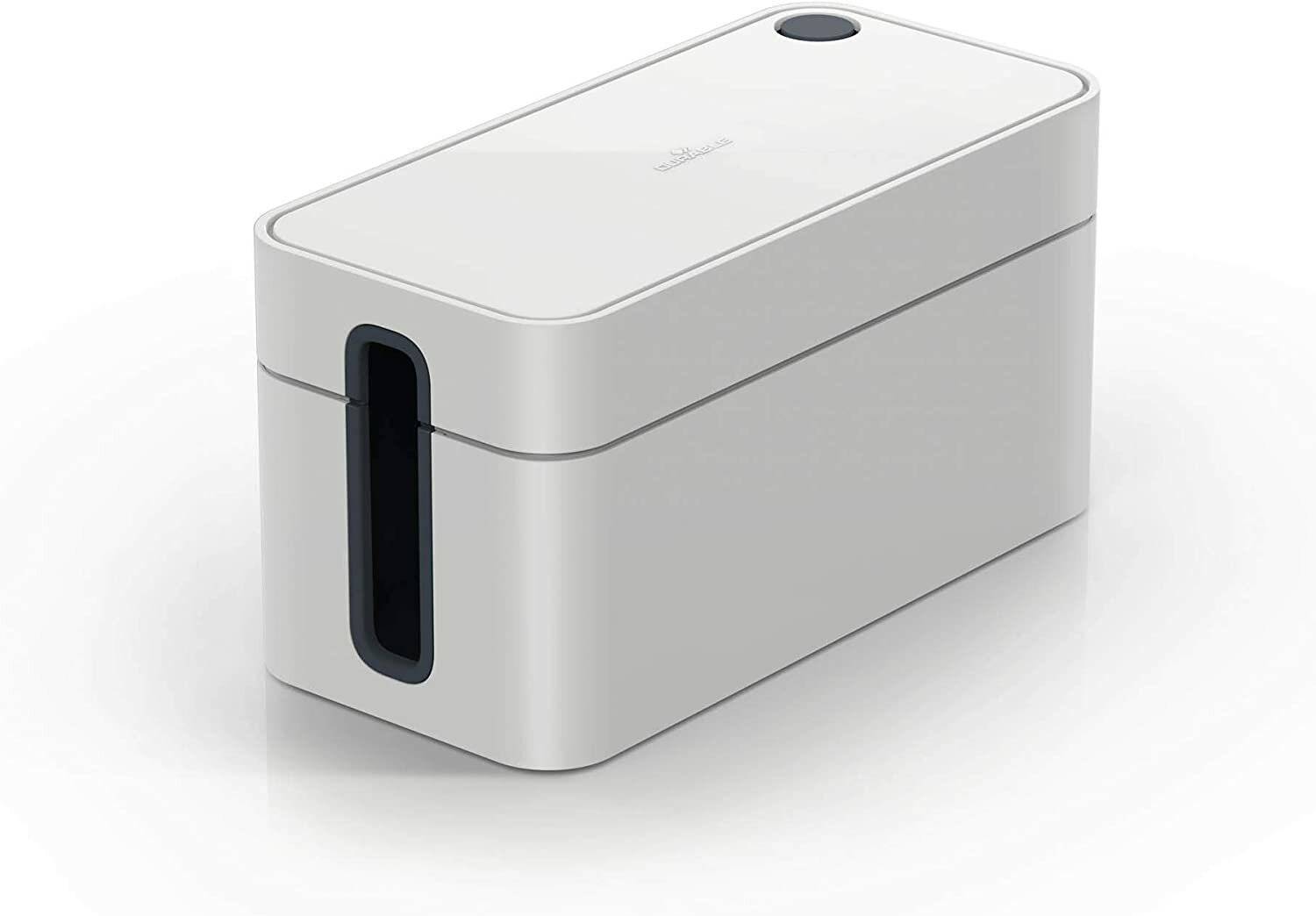 Weiße Kabelmanagement-Box mit elegantem Design und seitlichem Schlitz zur Kabelorganisation.
