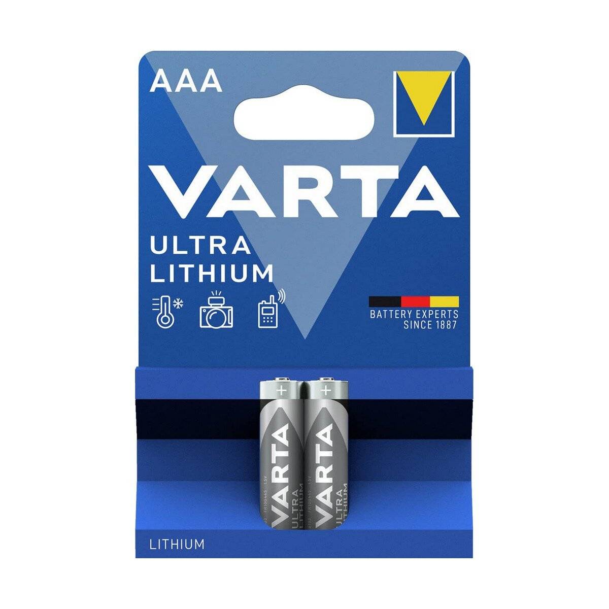 Packung mit zwei Varta AAA Ultra Lithium-Batterien, mit Hervorhebung ihrer Verwendung für Kameras und Elektronik, gekennzeichnet mit 