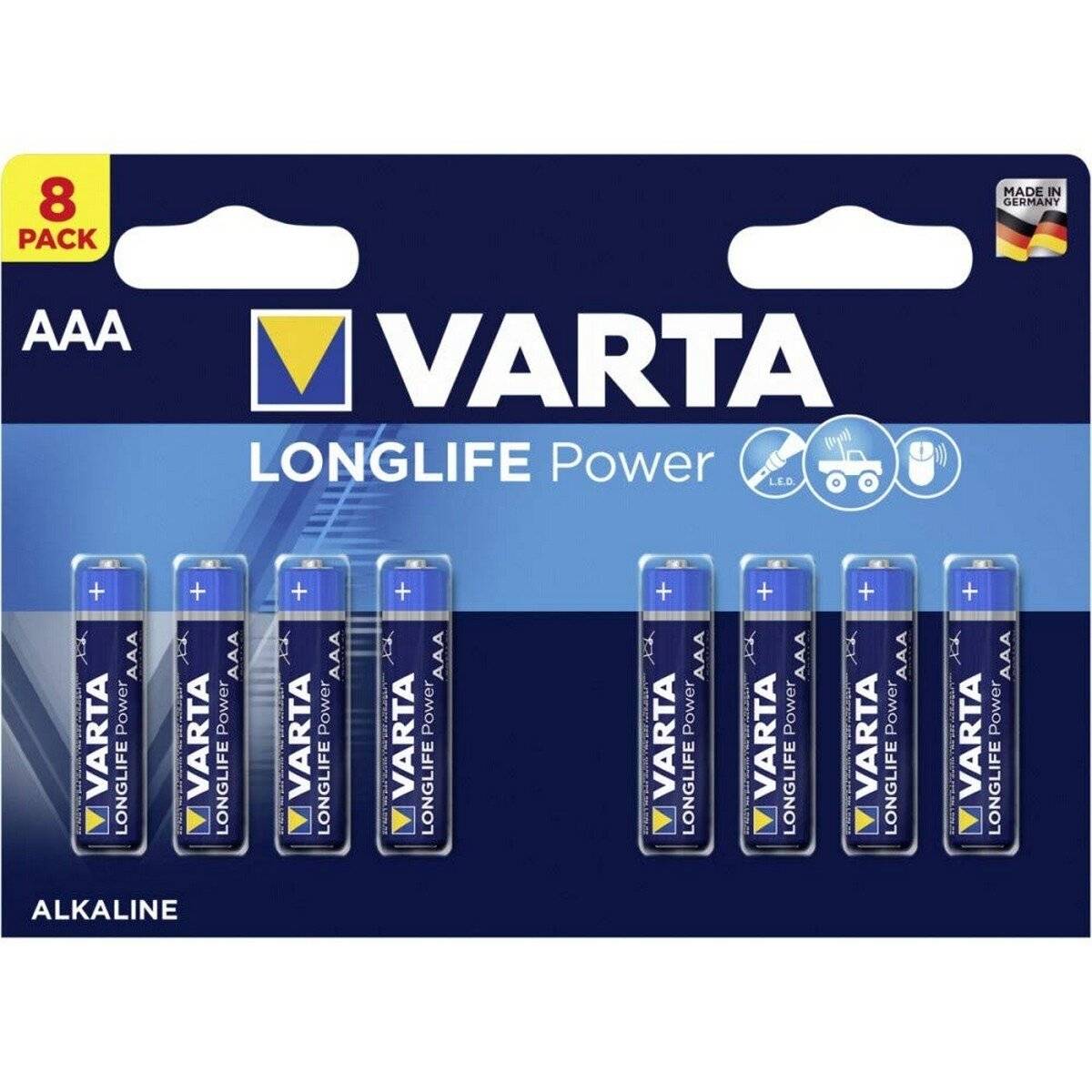 Varta Longlife Power AAA 8er-Pack Alkalibatterien in blauer Verpackung mit Produktsymbolen für Leistung und Langlebigkeit. Hergestellt in Deutschland.