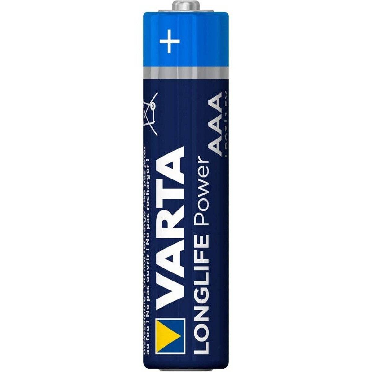 Eine 'VARTA Longlife Power AAA' Batterie, blau mit einem Pluszeichen oben, für allgemeine elektronische Anwendungen.