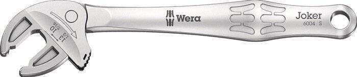 Ein silberner Schraubenschlüsselgriff mit dem Wort 'Wera' und einem Logo, das stilisierte 'W'- und 'H'-Formen zeigt.
