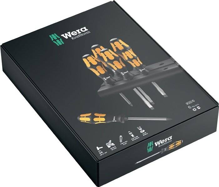 Eine Produktverpackung zeigt einen Satz von sechs Wera Kraftform Schraubenziehern mit orangefarbenen und schwarzen ergonomischen Griffen und hebt deren innovative Gestaltung hervor.