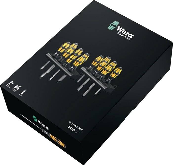 Wera Kraftform Schraubendreher-Set-Box, die 13 Schraubendreher mit gelben und schwarzen Griffen zeigt und dabei Vielseitigkeit und Qualität hervorhebt.
