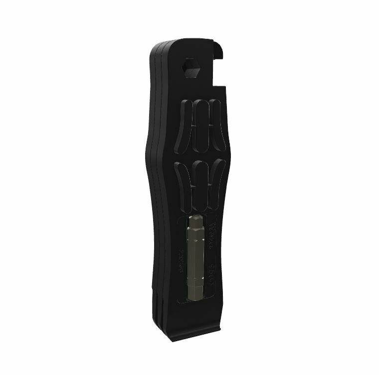 Schwarzes, handliches Multitool mit integriertem Schraubenschlüssel und Schraubendrehersatz, kompakt gestaltet für gute Transportierbarkeit und bequeme Nutzung.