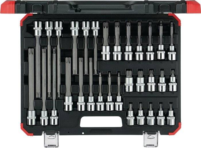 Set verschiedener Sechskant-Biteinsätze, die in einem schwarzen Koffer organisiert sind und mehrere Größen in Reihen für Werkzeugaufbewahrung oder -transport angeordnet sind.