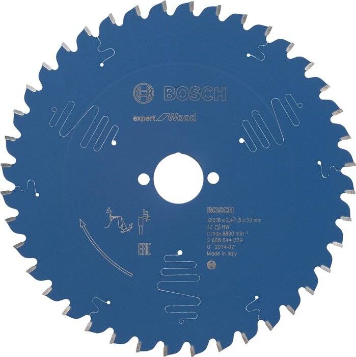 Kreissägeblatt für 'Experte für Holz' von Bosch, blaues Metalldesign, 216x30mm mit 24 Zähnen, mit Angabe der Kompatibilität und Spezifikationen.