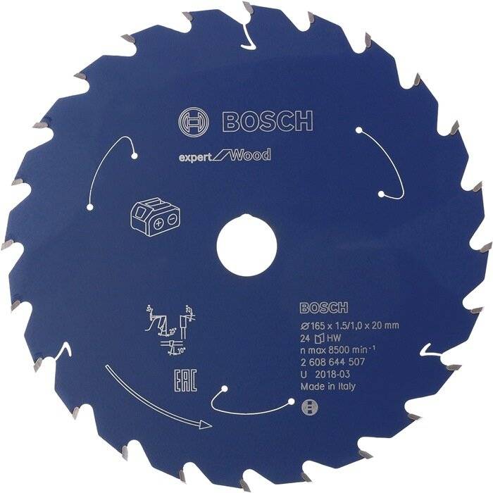 Kreissägeblatt mit Aufschrift ‚BOSCH expert for wood', Durchmesser 165 mm, 24 Zähne, HW-Material, max. 8500 U/min.