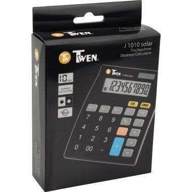Taschenrechner-Verpackung mit einem Bild eines solarbetriebenen Desktop-Taschenrechners. Die Tasten sind beschriftet und umfassen Zahlen und Funktionen wie 'EIN' und 'CE'.