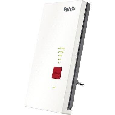FRITZ! WLAN Repeater mit Signalanzeige-Leuchten und einem 'Verbinden'-Knopf an der Vorderseite, Seitenansicht in schräger Perspektive.