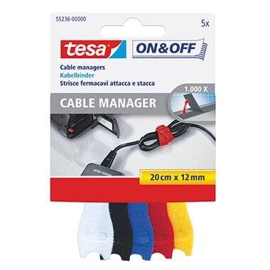 Tesa Kabelmanager-Verpackung zeigt Kabelbinder in Schwarz, Weiß, Rot, Blau und Gelb. Beschriftet mit '20 cm x 12 mm' und '1.000 x'.