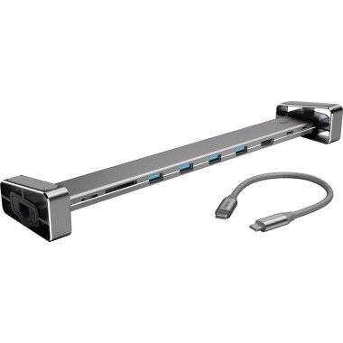 USB-C-Hub mit mehreren Anschlüssen, darunter USB, HDMI und Ethernet, mit einem angrenzenden grauen Kabel. Entwickelt zur Erweiterung der Konnektivität.