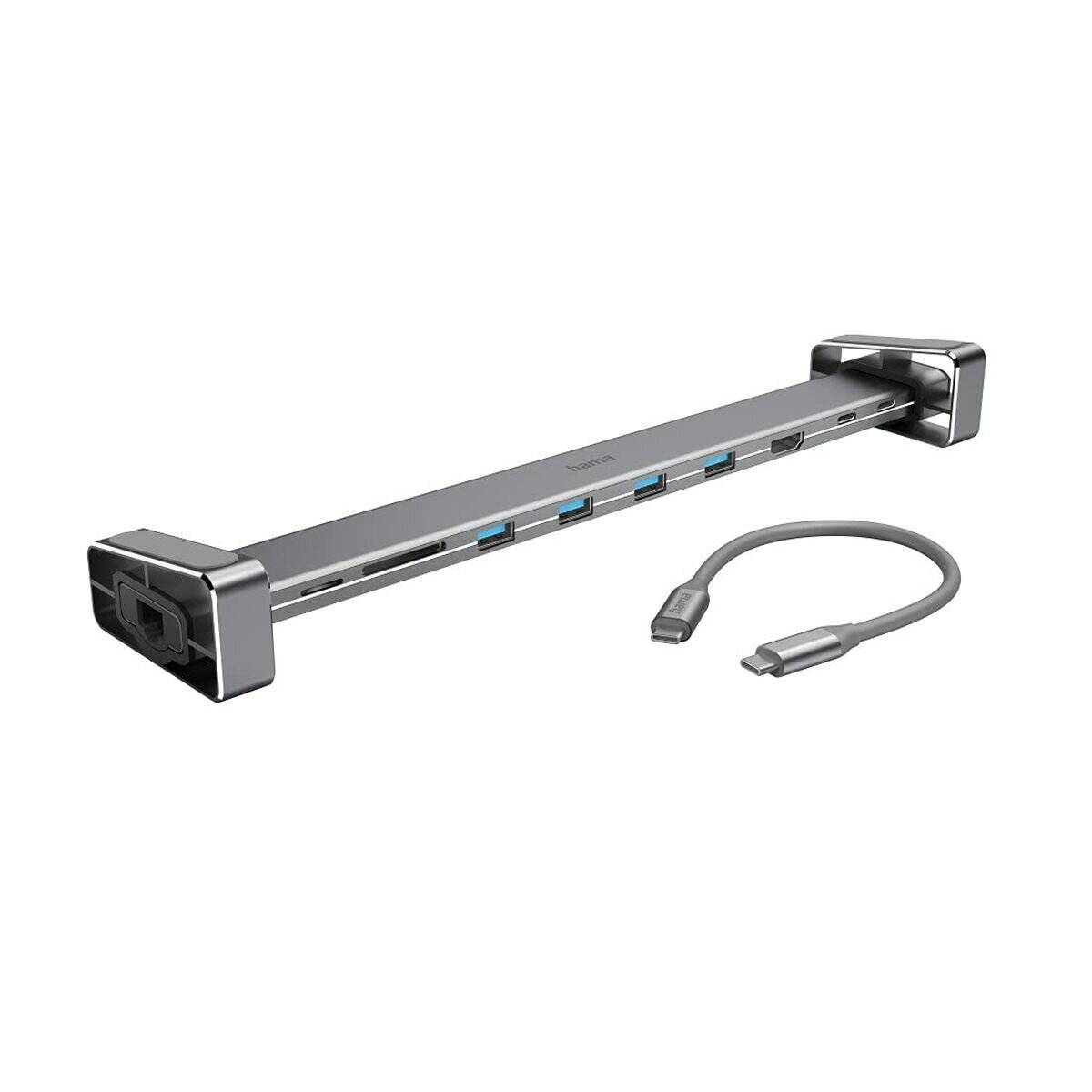 Eine schlanke, graue USB-C-Dockingstation mit mehreren Anschlüssen wie USB-A, HDMI und Ethernet, zusammen mit einem kurzen USB-C-Kabel.