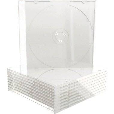Ein Stapel durchsichtiger, leerer CD-Jewel-Cases mit einem aufrecht stehenden Case, der einen inneren Kreis zum Halten einer CD zeigt.