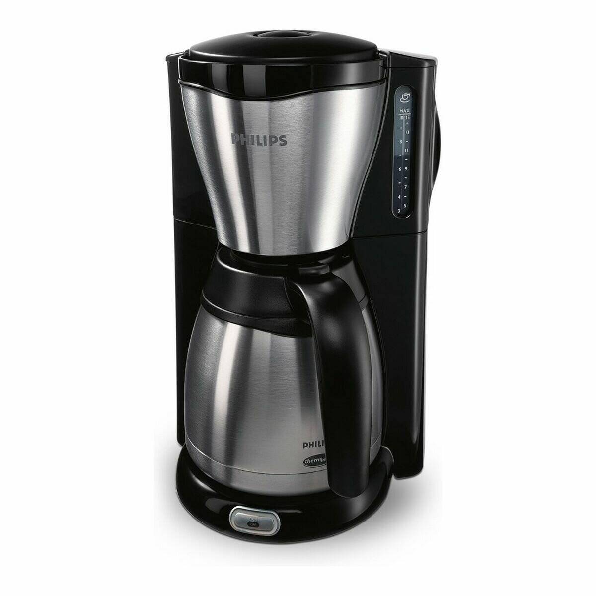 Eine Kaffeemaschine aus Edelstahl und Schwarz mit Glaskanne, ausgestattet mit einem seitlichen Wasserstandsanzeiger und einer einzelnen Einschalttaste.