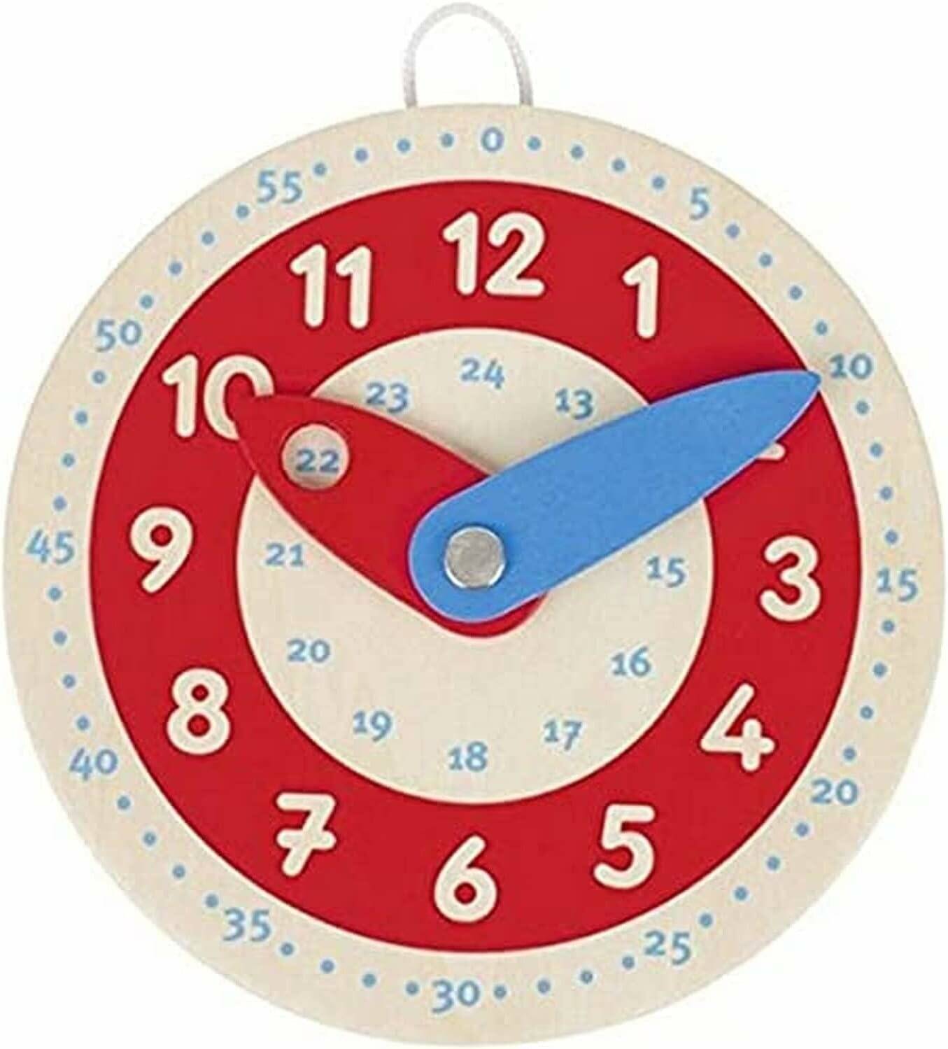 Spielzeug-Uhr mit beweglichen blauen Stunden- und roten Minutenzeigern. Entwickelt zur Zeitvermittlung. Rote Zahlen für Stunden, blaue Zahlen für Minuten.