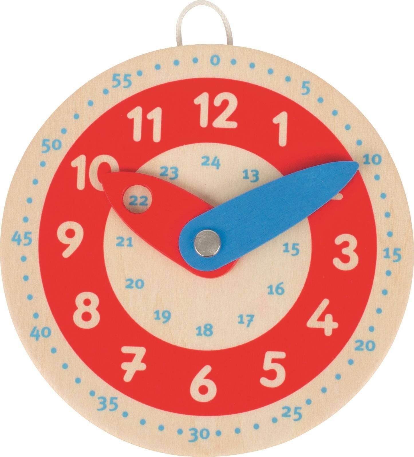 Spielzeug-Uhr mit rotem Stundenzeiger und blauem Minutenzeiger, die auf '10:00' zeigen. Holzgehäuse mit Ziffern in Rot und Blau auf einem kreisförmigen Design.