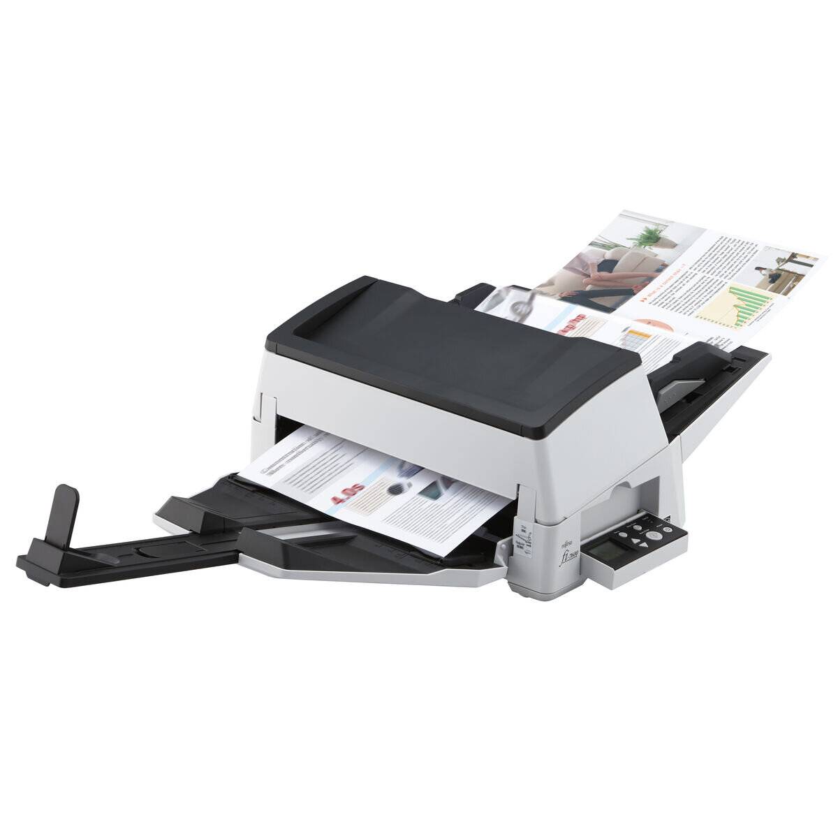 Ein Desktop-Dokumentenscanner mit automatischem Einzug, der mehrere Seiten gedruckten Materials verarbeitet und eine moderne Büroumgebung zeigt.
