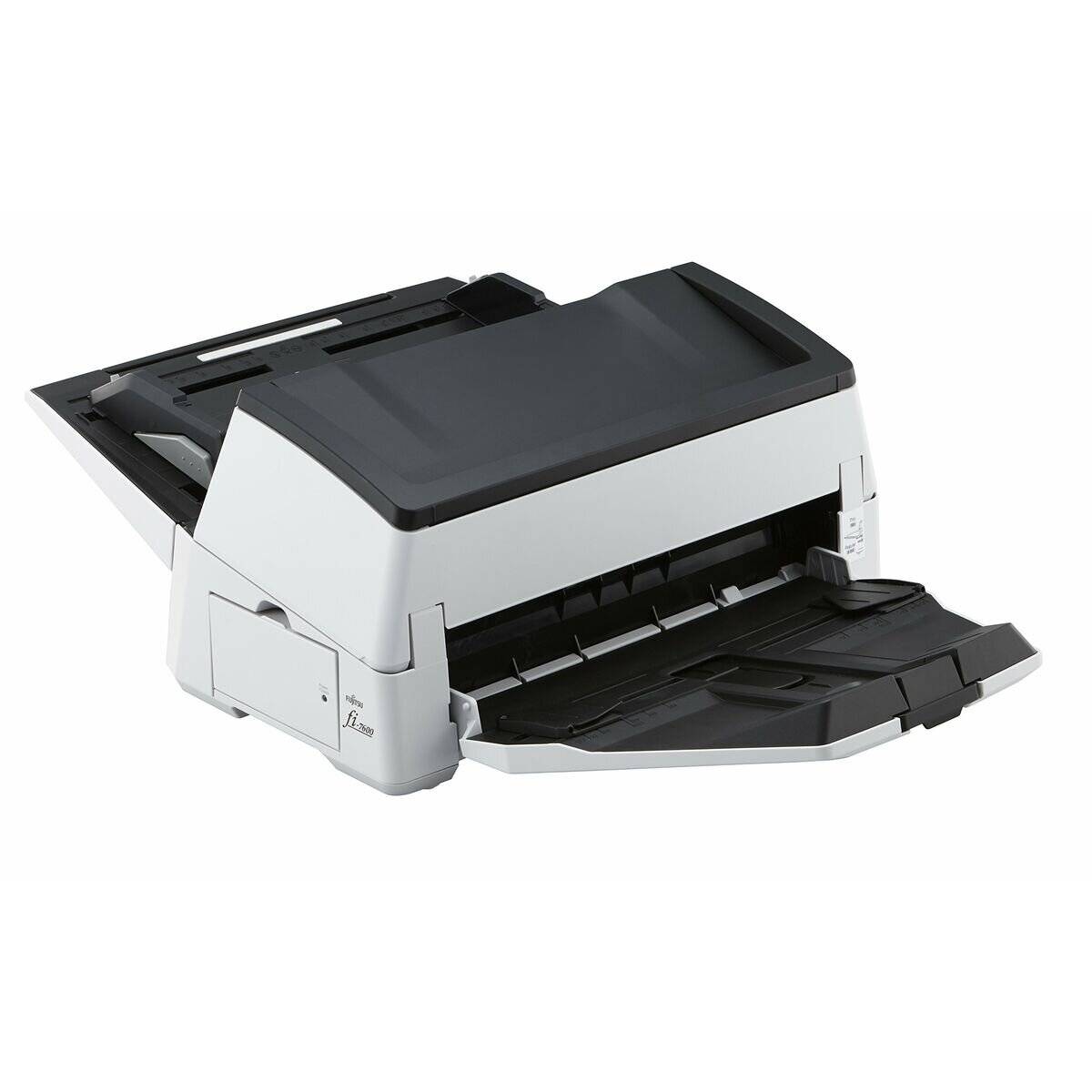 Ein Desktop-Dokumentenscanner mit einem automatischen Dokumenteneinzug, geöffnet und bereit zum Scannen mehrerer Seiten. Er verfügt über ein modernes, kompaktes Design.