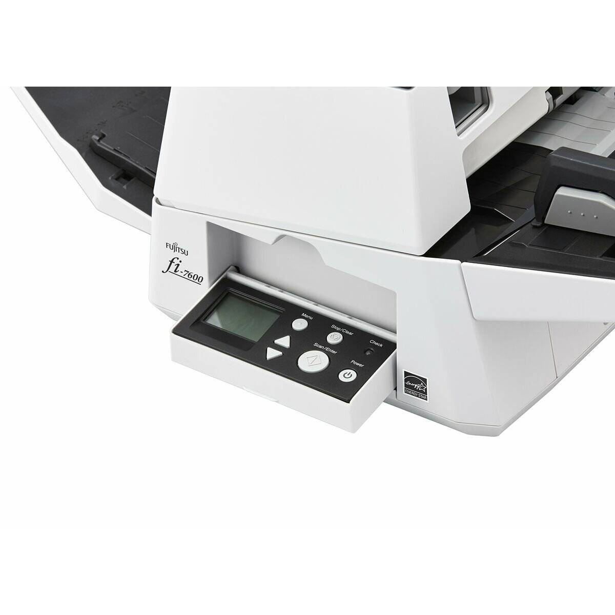Ein Hochgeschwindigkeits-Dokumentenscanner mit digitalem Display und Bedienungstasten, in einer geneigten Position mit geöffnetem Dokumentenfach.