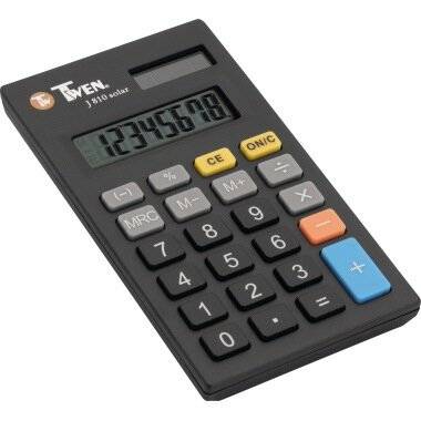 Ein schwarzer Taschenrechner mit Solarzelle zeigt '12345678' auf seinem Display. Er verfügt über standardmäßige numerische und Funktionstasten, einschließlich '+', '-', 'CE' und 'ON/C'.