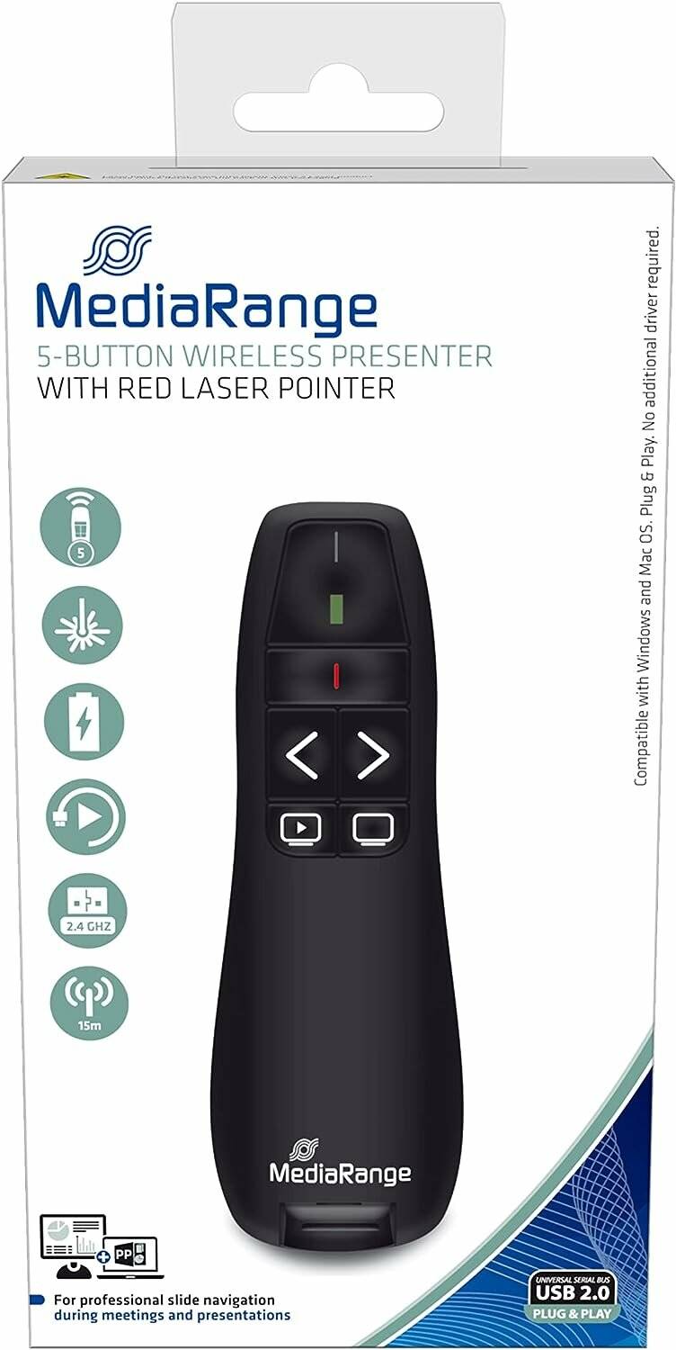 Bild eines schwarzen drahtlosen Präsentationsgeräts mit rotem Laserpointer. Ausstattungsmerkmale umfassen fünf Navigationstasten. Kompatibel mit Windows und Mac OS.