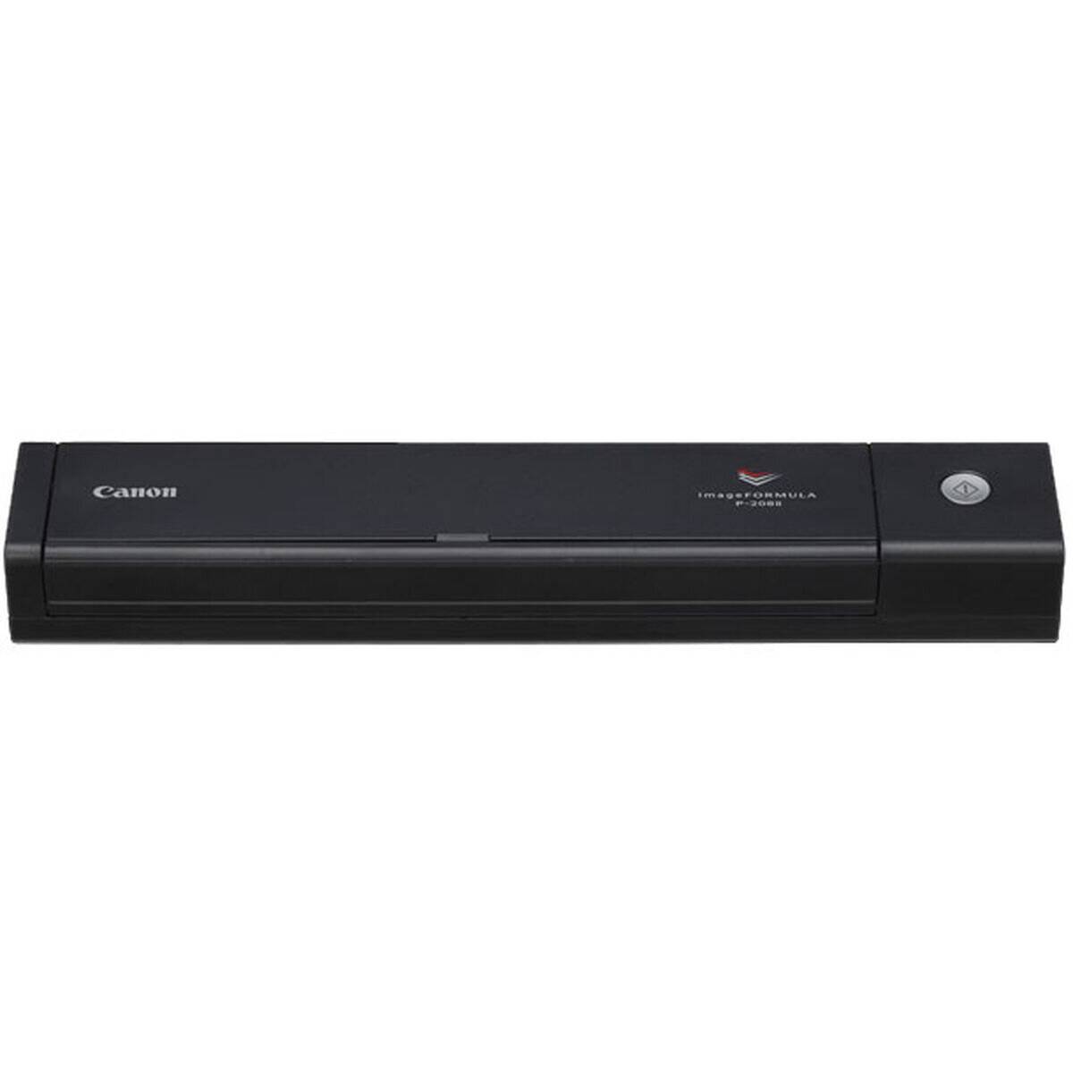 Tragbarer Canon-Scanner mit elegantem schwarzem Design, Markierung und Einschaltknopf auf der rechten Seite, geeignet für mobile Dokumentenerfassung.