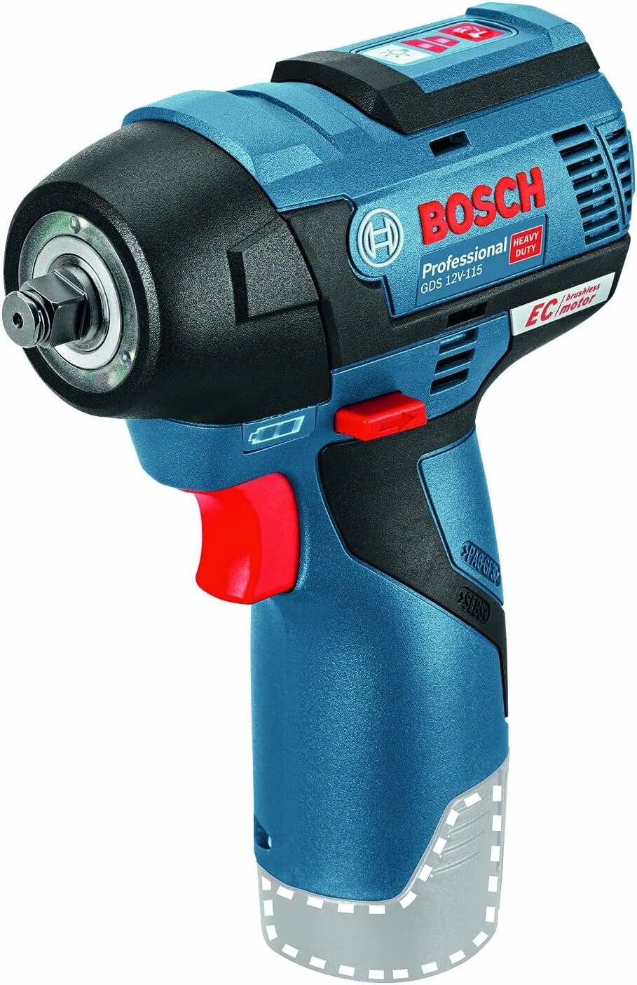 Bosch Schlagschrauber mit 'Heavy Duty', 'EC Bürstenloser Motor' und 'GDS 12V-115' Etiketten, in blau-schwarzem Design.