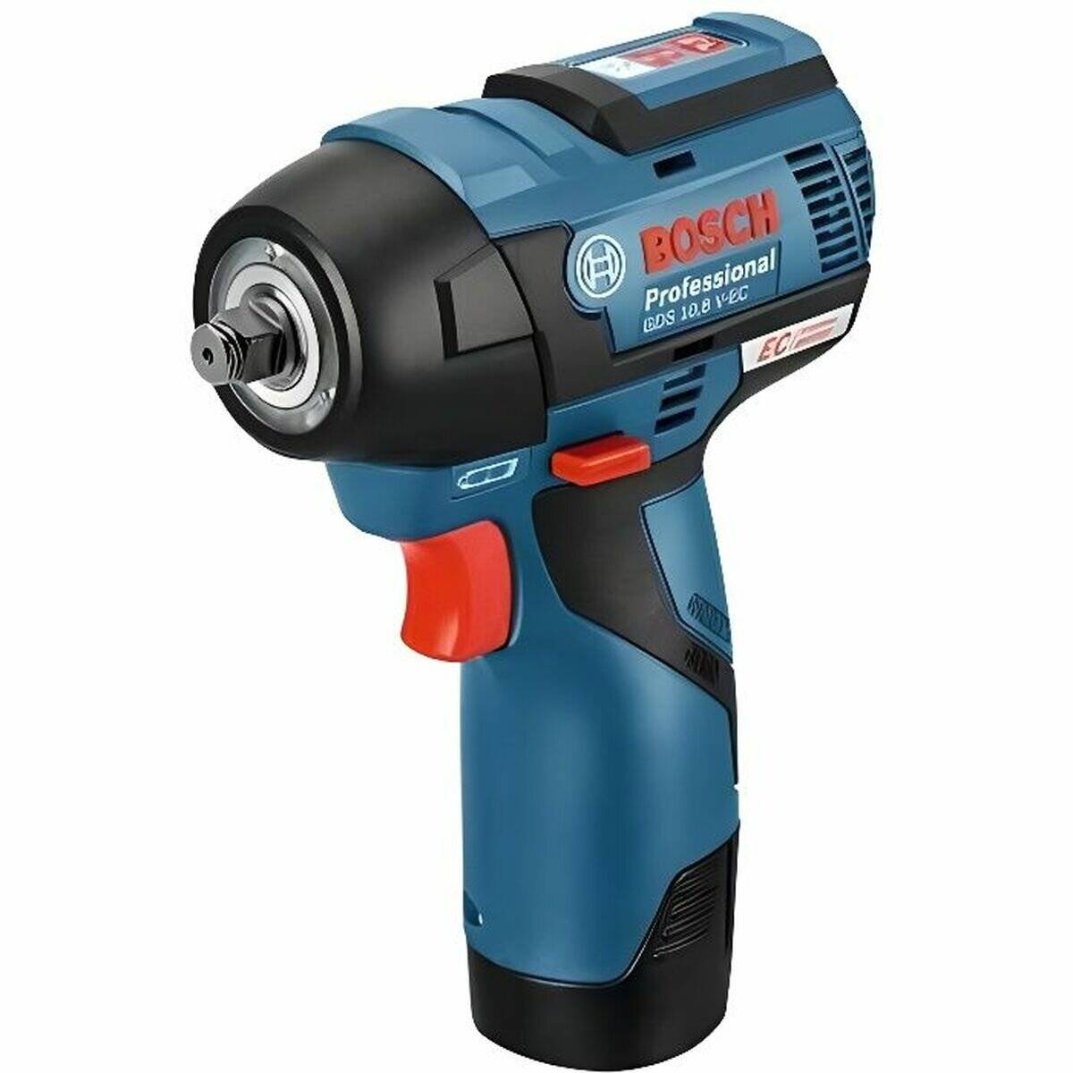 Ein blauer Bosch Professional Akku-Schlagschrauber mit schwarzen und roten Akzenten, auf dessen Seite die Marke und das Modell zu sehen sind.