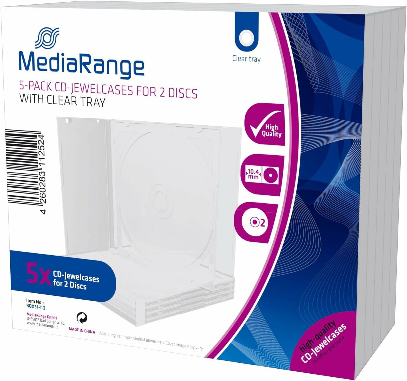 MediaRange 5er-Pack CD-Jewel-Cases für 2 Discs mit durchsichtiger Ablage. Inklusive 2 mm Dicke, hochwertiger Qualität, O2-Größe. Modellnummer: BOX77-5.