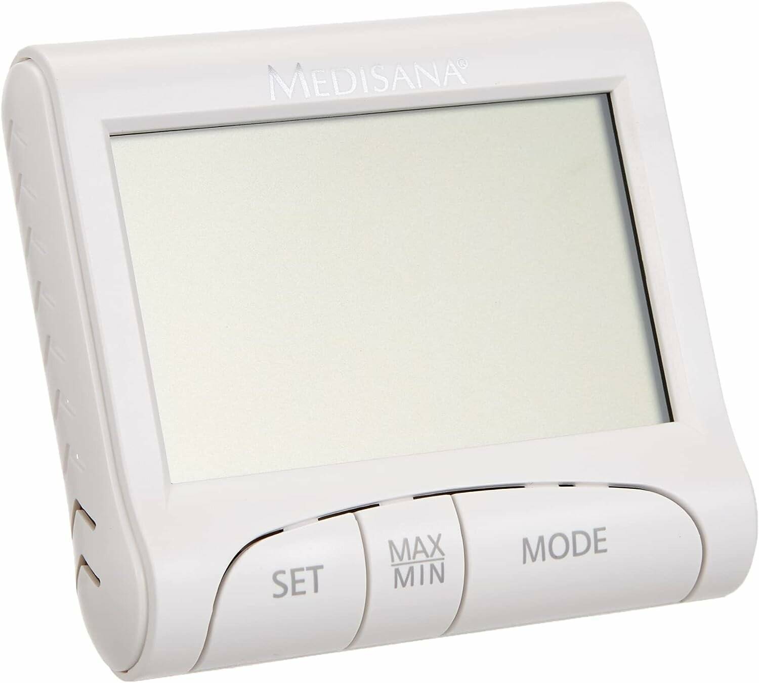 Ein digitales Thermometerdisplay mit Tasten, die mit 'SET', 'MAX MIN' und 'MODE' beschriftet sind, von der Marke 'Medisana'.