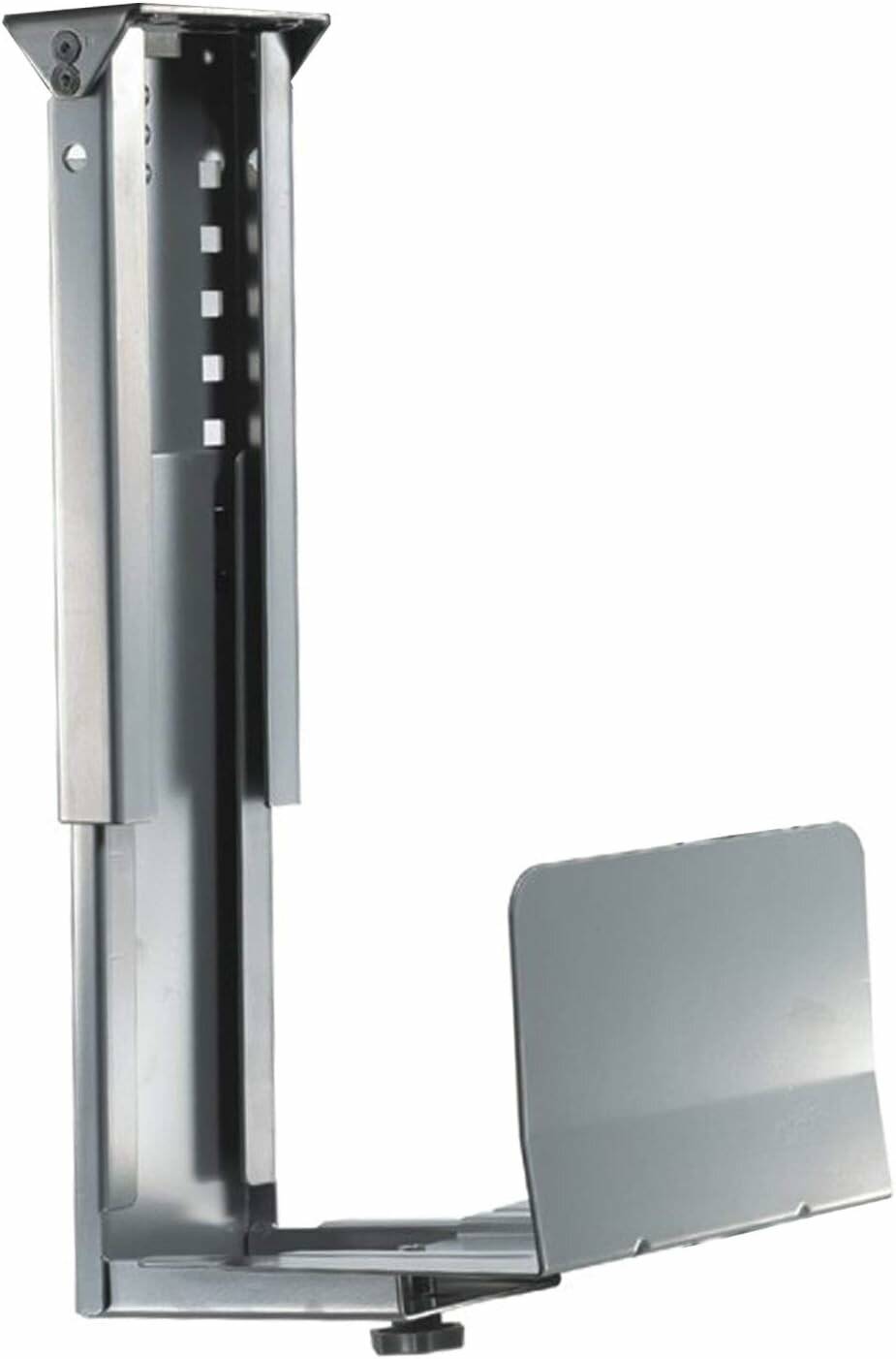 Nahaufnahme einer grauen Metallhalterung mit mehreren Löchern, die an einer vertikalen Oberfläche befestigt ist, möglicherweise für verstellbare Regale verwendet.