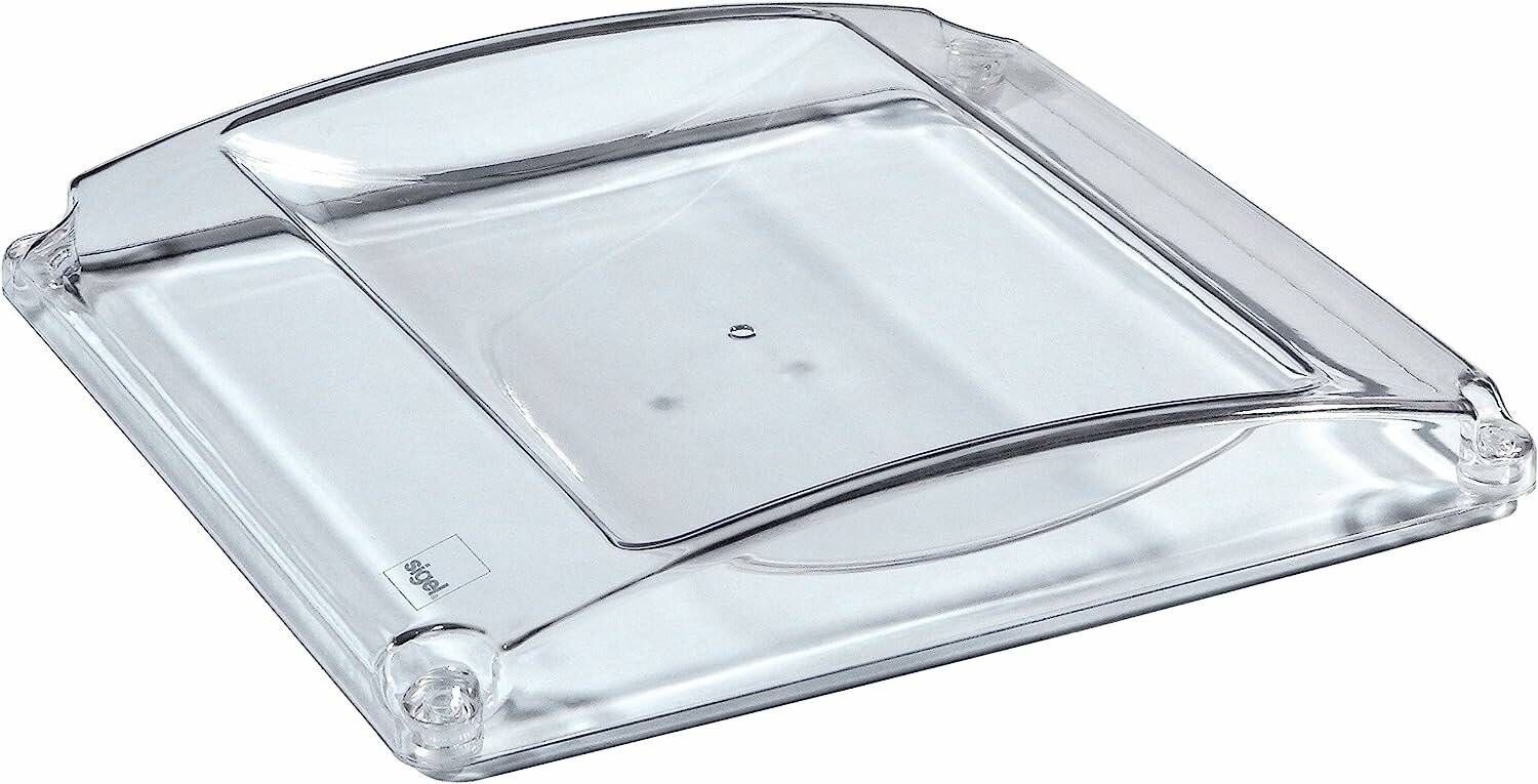 Eine transparente Sigel-Glasplatte, quadratisch mit einer leichten Vertiefung in der Mitte, die für Servier- oder Präsentationszwecke konzipiert ist.