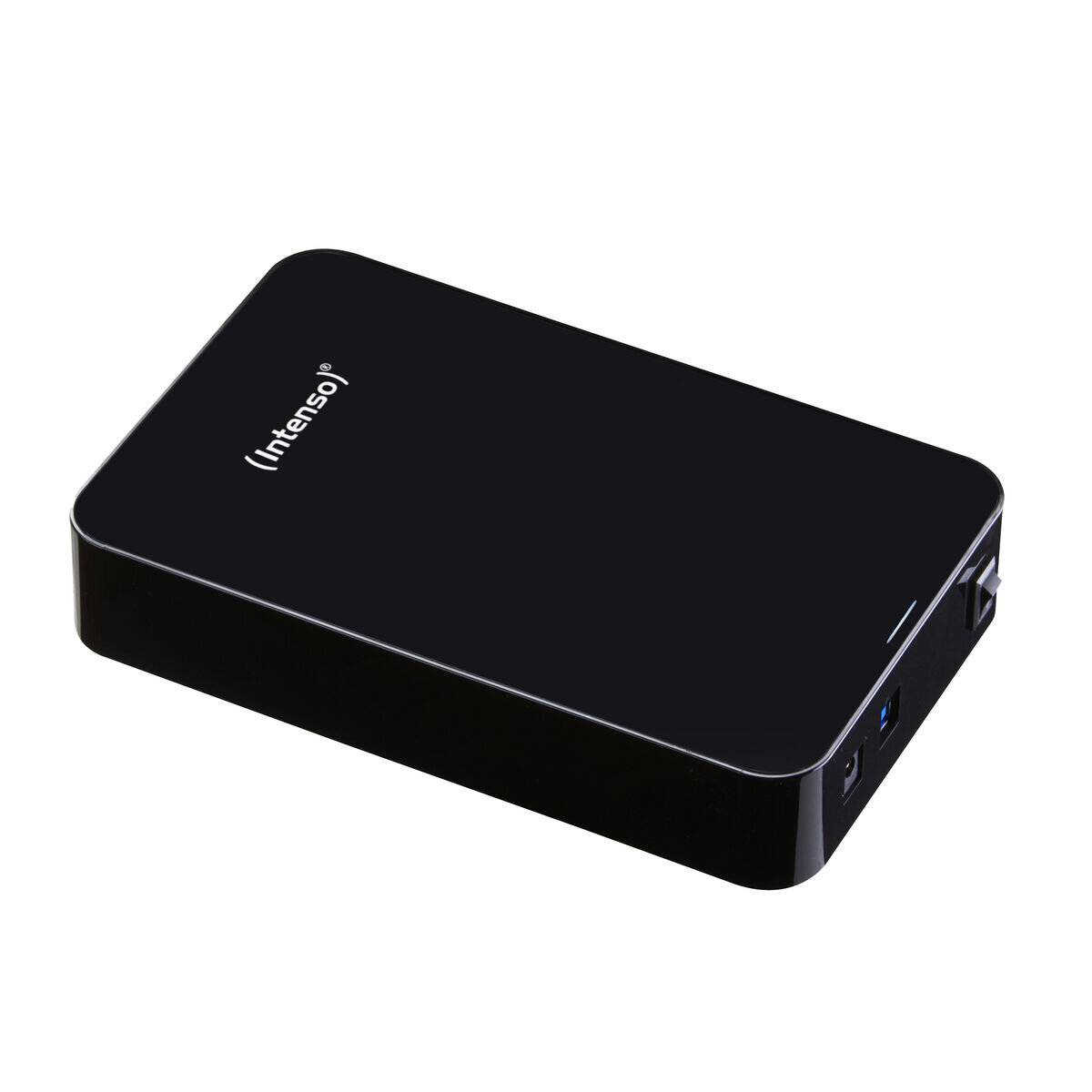 Ein schwarzes externes Festplattenlaufwerk mit der Bezeichnung 'Intenso' und einem USB-Anschluss an der Seite, das für zusätzlichen digitalen Speicher verwendet wird.
